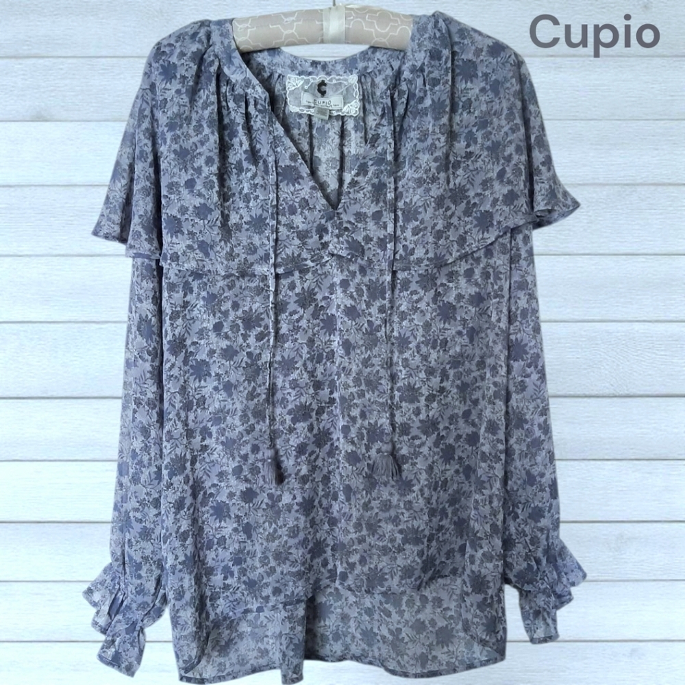 Cupio Feminine Blue Grey Floral Boho Poetcore Peasant Top Size Medium